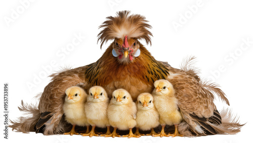 Foto Polish Frizzle hen with crest and frizzy feathers, standing with five fluffy yel