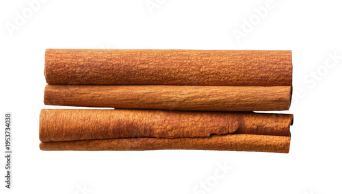 Fotografía Three aromatic brown cinnamon sticks, stacked horizontally and isolated, perfect