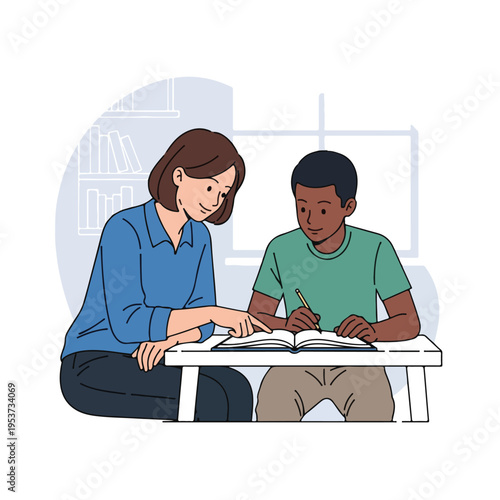 A woman is assisting a young person while they read a book together