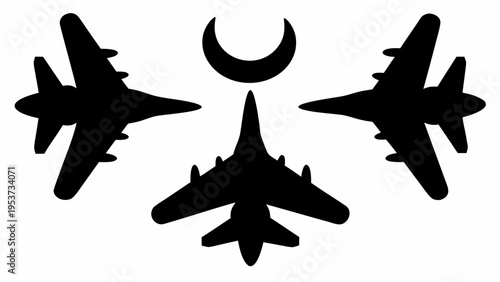 Three fighter jets creating star and crescent smoke trails in formation flight