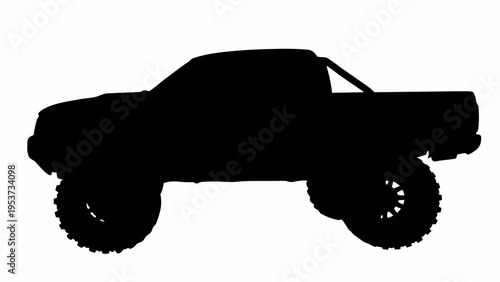 Black silhouette pickup truck with rugged tires on white background off road vehicle concept