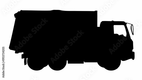 Black silhouette garbage truck collecting waste on a clean white background for eco friendly concepts