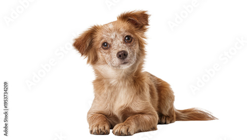 Bilde på lerret Adorable small fluffy brown puppy with reddish spots lying down, looking directl