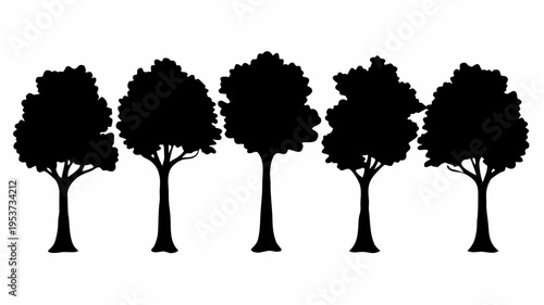 Row of six trees with one uniquely shaped tree standing out from identical black silhouettes on white background