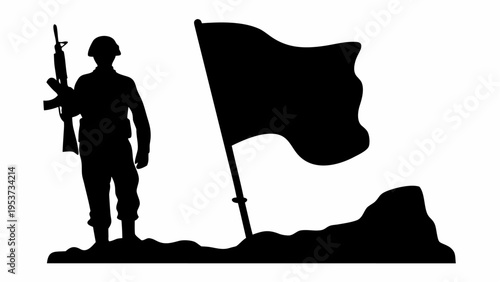 Soldier standing guard beside waving flag silhouette military symbol patriotism concept black icon on white background