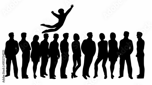 Silhouette of one person jumping above a diverse line of people standing in various poses on white background
