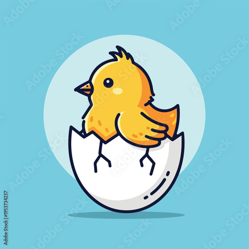 A yellow cartoon chick hatching from a cracked egg, a cheerful design