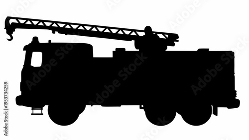 Fire truck emergency vehicle silhouette with crane arm rescue vehicle on white background for design