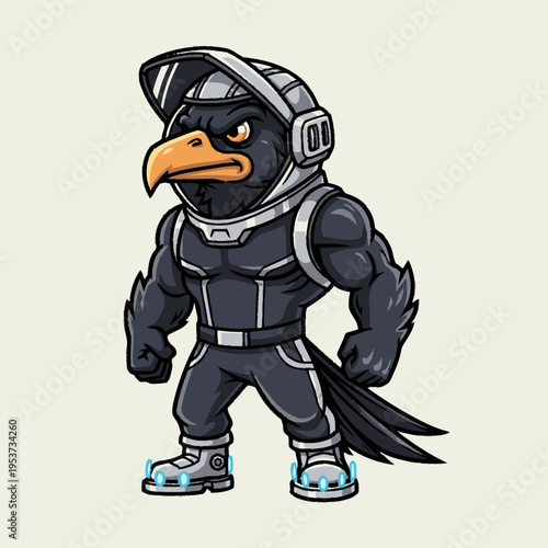 Strong anthropomorphic crow character in futuristic suit with glowing shoes, a sci-fi mascot illustration