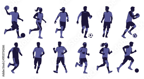 Soccer players running and kicking ball during sports match