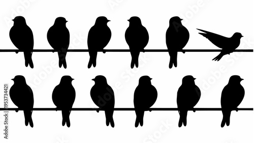 Row of identical birds sitting on wire with one flying off symbolizing individuality and freedom in a minimalist illustration