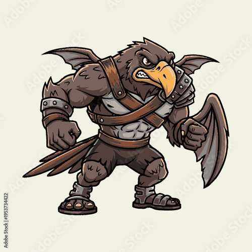 Powerful anthropomorphic eagle creature mascot with muscular build and ancient warrior armor, fierce expression, cartoon illustration.