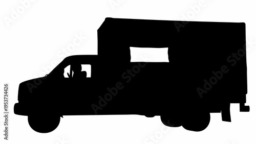 Moving truck silhouette with furniture household items relocation transportation logistics moving day delivery cargo vehicle silhouette black white background