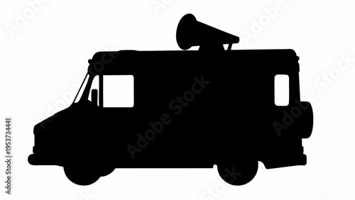 Black silhouette ice cream truck with music horn on top side view white background