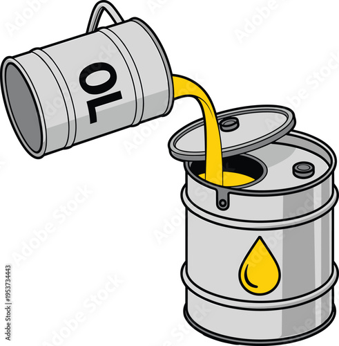 Oil barrel pouring liquid fuel vector illustration, petroleum industry concept, energy production, crude oil processing, industrial resource, fossil fuel business and global energy supply design