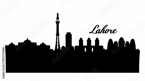 Lahore city skyline with minar e pakistan silhouette on white background
