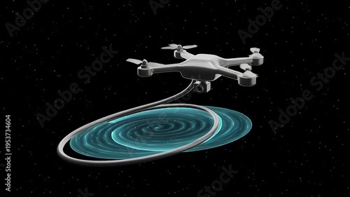 Drone flying with glowing trail effect.