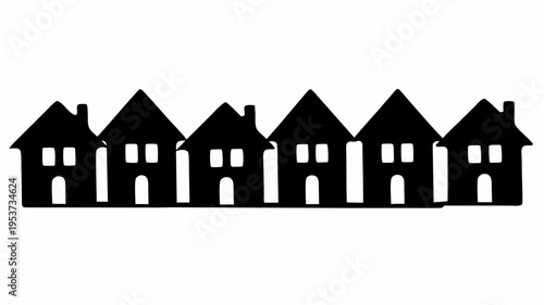 Row of identical houses with one standout unique house in a line of black silhouettes on white background