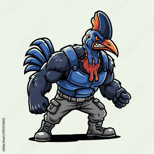 Aggressive Muscular Cartoon Bird Mascot in Tactical Gear. Angry Anthropomorphic Character Illustration with Combat Outfit.