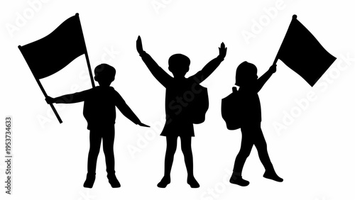 Three school children waving flags in celebration on white background symbolizing freedom and joy educational and social concepts