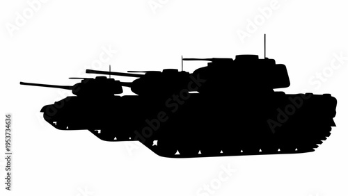Silhouette of military tanks rolling in a parade against a white background symbolizing power and strength