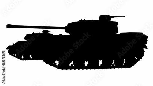 Military tank silhouette rolling in parade with gun barrel black shape on white background symbolizing power and strength in a simple graphic design