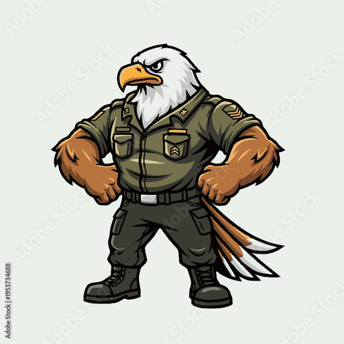 Strong Bald Eagle Mascot in Military Uniform Illustration. Patriotic Fowl Character Dressed in Army Gear with Confident Stance