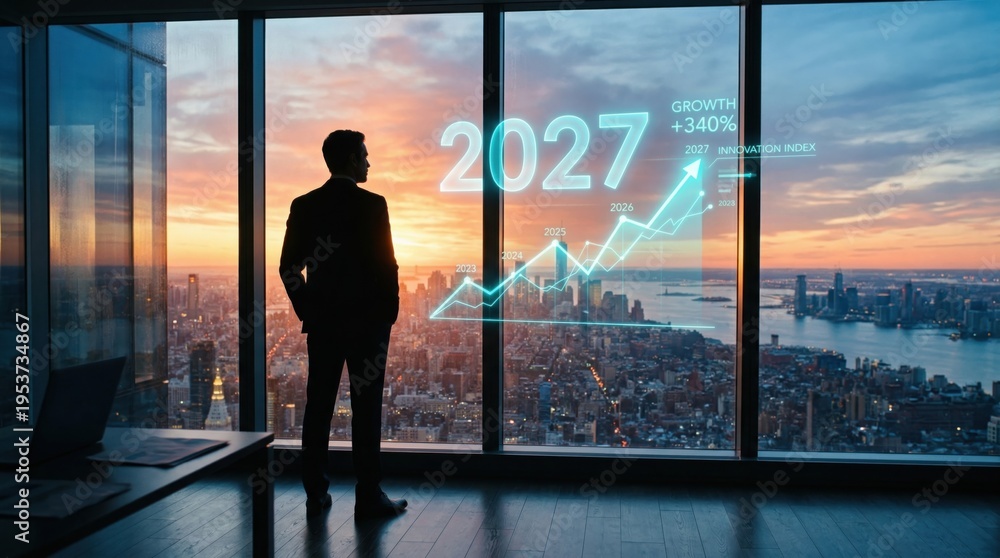 Fototapeta premium Businessman silhouette watching 2027 growth chart over city skyline. Corporate vision concept.