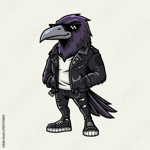 Cool anthropomorphic crow character illustration wearing a leather jacket, sunglasses, and jeans, depicting a rebellious rock style.