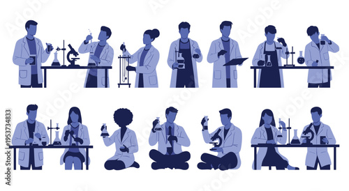 Scientists working in laboratory with test tubes and microscope