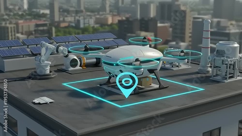 Drone on rooftop with city view.