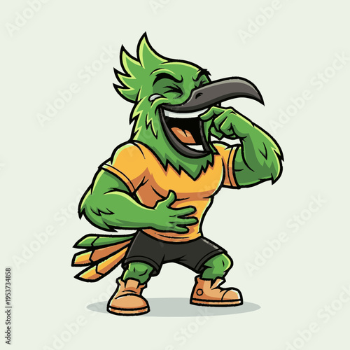 Hysterically laughing green bird mascot character cartoon illustration. Joyful avian creature with big smile and strong muscles.