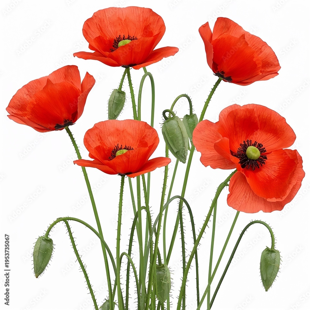 Fototapeta premium Red Poppy Flowers Bouquet with Green Buds on Transparent Background