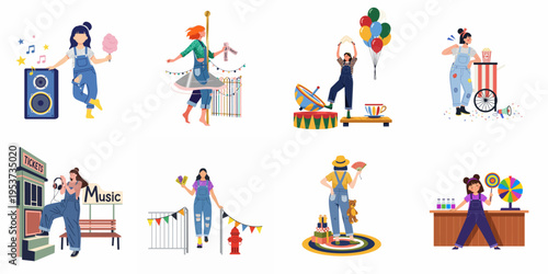 Colorful illustration set of young women enjoying carnival rides, music, snacks, and games at an amusement park or summer fair festival.