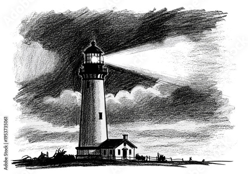 Dramatic lighthouse beam cuts through stormy, dark clouds in a charcoal sketch style