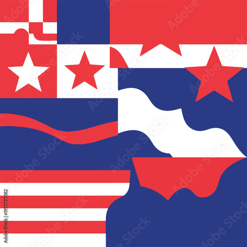 Abstract composition with geometric shapes and a star motif in red, white and blue