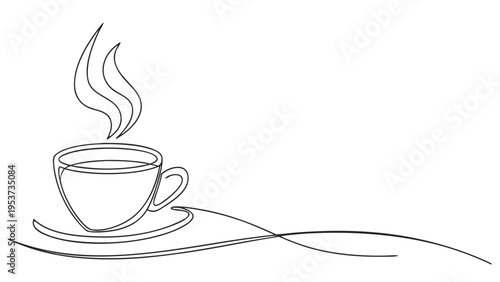 Simple line art drawing of a steaming cup of coffee on a saucer, perfect for cafe or beverage themes.