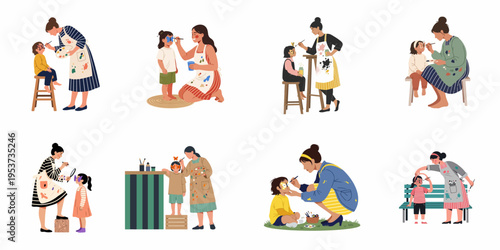 Set of diverse illustrations featuring a woman applying butterfly face paint to children in various fun and creative outdoor and indoor settings.