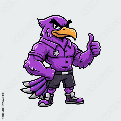 Confident purple bird mascot illustration with muscular build giving thumbs up gesture, cartoon vector art for success