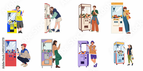Diverse young people playing and posing with arcade claw machines, winning prizes and enjoying leisure time, flat vector illustrations on white background.