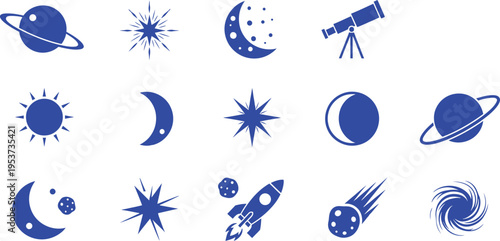 A collection of blue space icons on a white background featuring planets moons stars and telescopes in various celestial designs and symbols