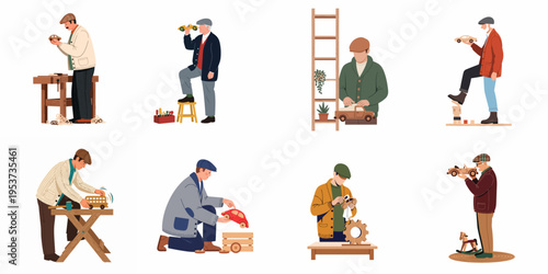 Collection of elderly craftsmen woodworking and making handmade wooden toy cars in their workshops, showcasing creative hobbies and artisanal skills.
