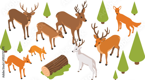 Forest animals isometric illustration deer fox woodland wildlife trees nature vector scene collection design outdoor ecosystem concept