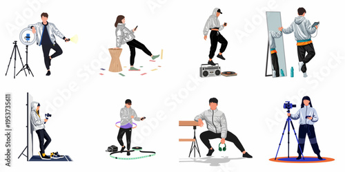 Collection of diverse young content creators and influencers using professional gear for social media production, in a flat vector illustration style.