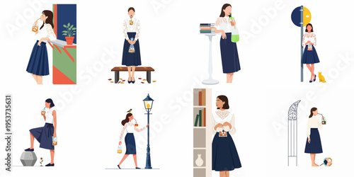 Flat vector illustration set of a stylish woman in various urban settings, enjoying traditional drinks from plastic bags and cups in everyday scenes.