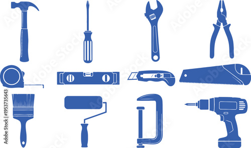A collection of various blue colored hand tools and equipment for construction and diy projects