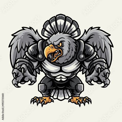 Muscular Armored Eagle Mascot Illustration. Powerful Cartoon Bird Character, Strong Feathered Fighter, Fierce Predatory Animal.