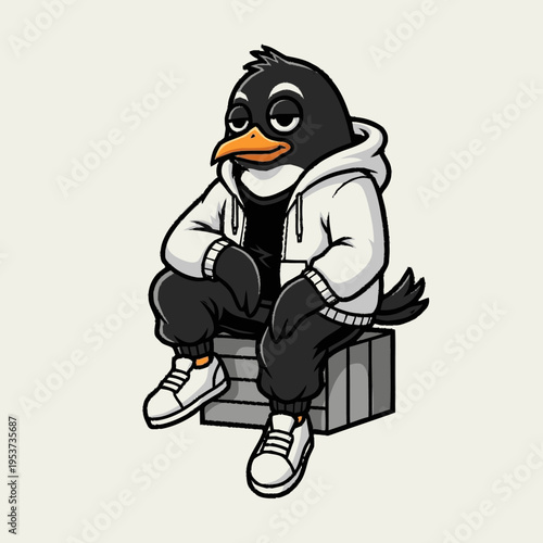 Cool cartoon penguin in white hoodie and sneakers, sitting on blocks with relaxed urban street style, vector character art
