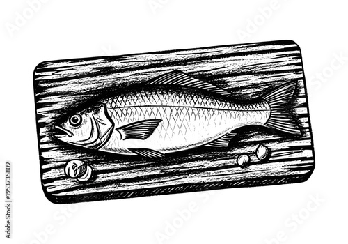 Stylized illustration of a whole fish on a rustic wooden cutting board with scattered peppercorns