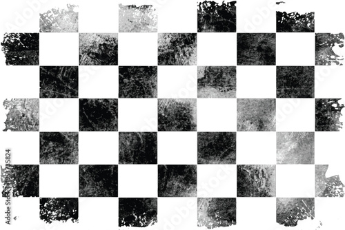 Grunge checkered pattern background on white.Distressed black and white checkerboard texture